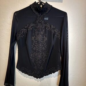 Kay Celine Dressy Black Blouse, High Collar, Sheer Sleeves and Shoulder